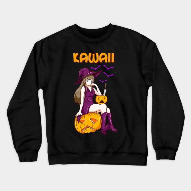 Kawaii Girl Halloween Anime Witch Waifu Crewneck Sweatshirt by theperfectpresents